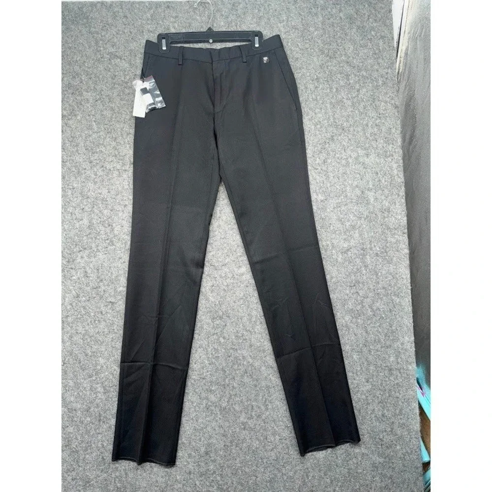 Versace Collection Mens Black Dress Pants Medusa Logo Plaque Flat Front Trousers